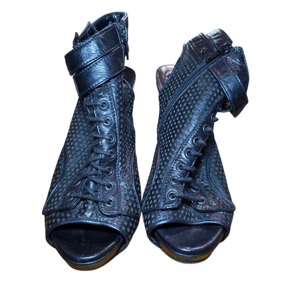 The Kooples Black Leather Peep Toe Cutout Heels Size 38 Lace Up Buckle Booties - Picture 5 of 8